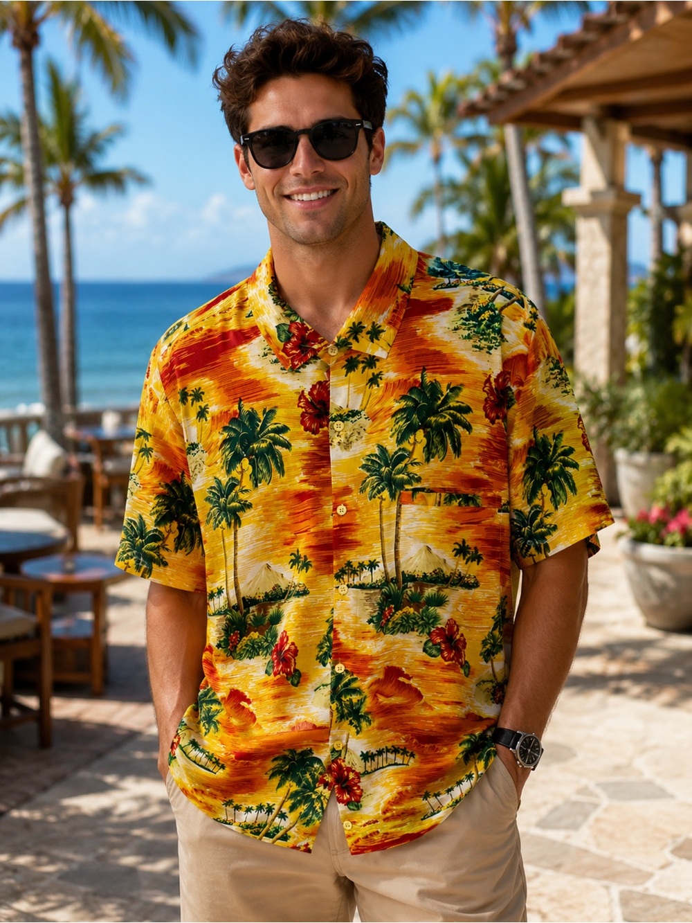 Rima Beachwear Hawaiian Aloha Shirt 2XL Tropical Palm Tree Floral Camp Shirt